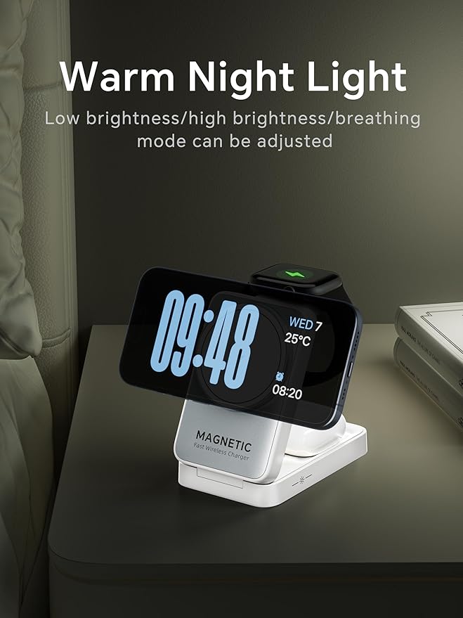 2025 Upgraded 3-in-1 Wireless Charger for iPhone,Travel Magnetic Charger Stand Nightlight Foldable Wireless Charging Station Compatible with Magsafe Charger&iPhone 16/15/14/13/12,Apple Watch&AirPods