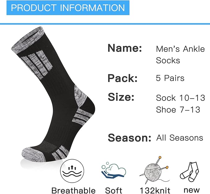 COOVAN Mens Hiking Crew Socks 5 Pairs Moisture Wicking Cushioned Athletic Boot Outdoor Socks