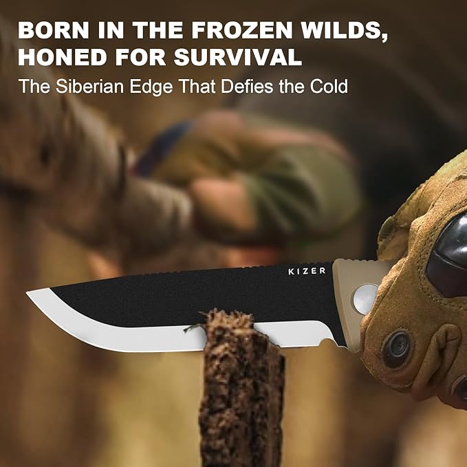 Kizer Polaris Fixed Blade Knife, 4.23" 1095 High Carbon Steel Blade Camping Knife with Tan G10 Handle, Survival Hunting Bushcraft Knives with Adjustable Sheath & Sharpener, 1100A4