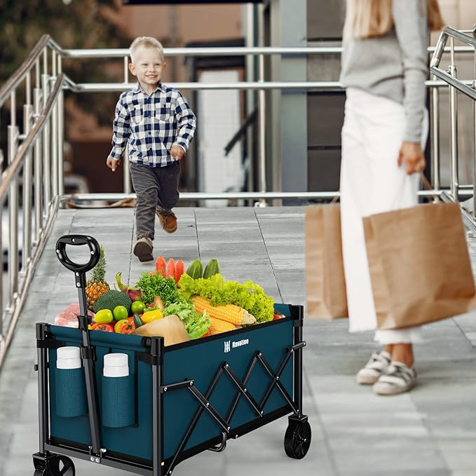 Navatiee Portable Foldable Collapsible Wagon with Wheels, 220lbs Weight Capacity Utility Grocery Shopping Cart, Lightweight Mini Folding Wagon for Outdoor, Blue