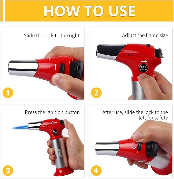 TBTEEK Butane Torch T901, Kitchen Torch Cooking Torch with Safety Lock & Adjustable Flame for Cooking, BBQ, Baking, Brulee, Creme, DIY Soldering(Butane Not Included), Red