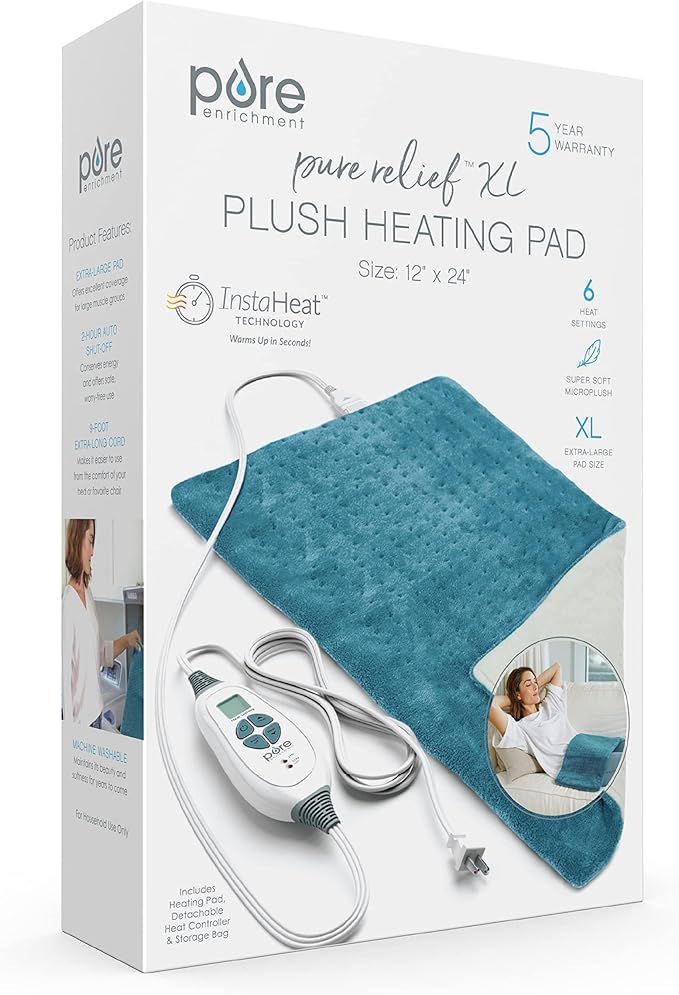Pure Enrichment® PureRelief XL Heating Pad - 12" x 24" Electric Heating Pad for Back Pain & Cramps, 6 Heat Settings, Soft Machine Wash Fabric, Auto-Off & Moist Heat (Blue)