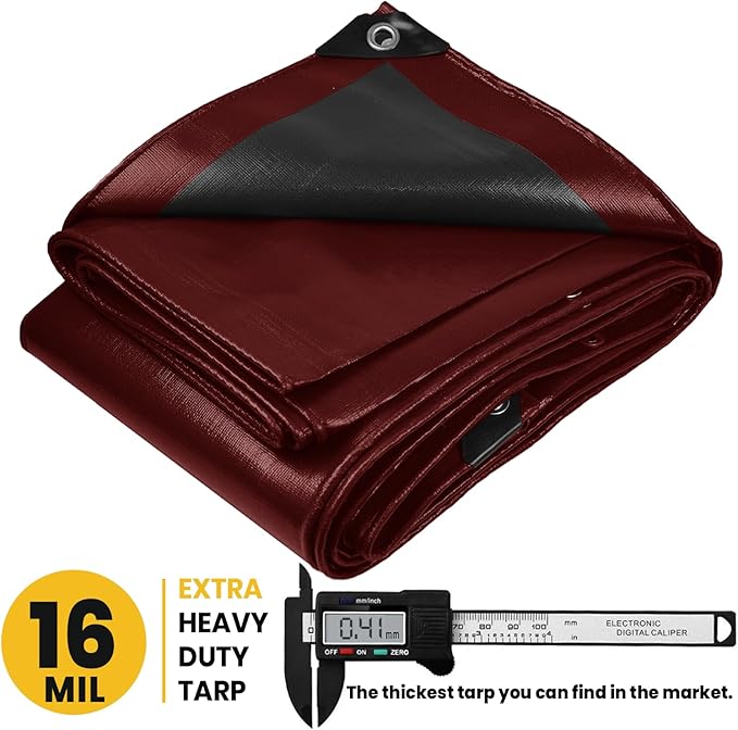 PROTARP Extra Heavy Duty 16 Mil Tarp Cover, Waterproof, UV Resistant, Rip and Tear Proof, Poly Tarpaulin with Reinforced Edges for Roof, Camping, Patio, Pool, Boat. (Maroon/Black 24′ X 50′)