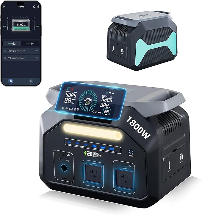 IEETek P1800 Portable Power Station,1024Wh LiFePO4 Battery,1800W(3600W Peak) AC Outlet Power Bank,1 Hour Fast Charging Lithium Solar charger Generator,<10 MS UPS,Home Use,Power Outages