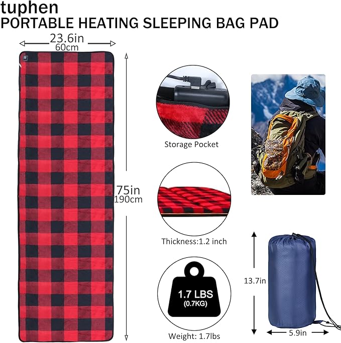 tuphen Heated Sleeping Bag Pad - 3 Adjustable Temperature Levels with 5 Heating Zones, Electric Sleeping Bag Liner Heater for Cold Weather Camping Backpacking or Hiking, Multi USB Power Supported