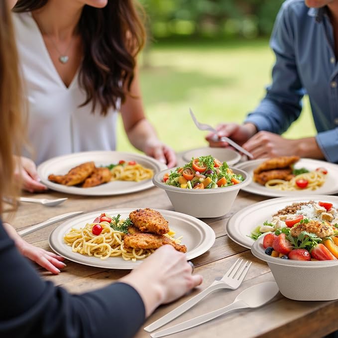 Gezond 250PCS Disposable Paper Plates and Bowls Set with Long Utensils, Compostable Plates Eco-Friendly Dinnerware Set Includes Biodegradable Plate, Bowls, Forks, Knives Spoons for Party Camping