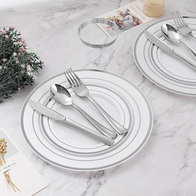 600PCS Silver Dinnerware Set for 100 Guests, Plastic Plates for Party, 100 Silver Disposable Plates, 100 Dessert Plates, 100 Cups, 100 Spoons, 100 Forks and 100 Knives