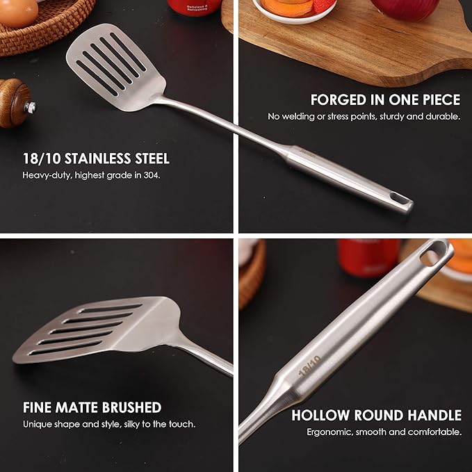 18/10 Stainless Steel Kitchen Utensils Set - 15” All Metal Cooking Tools & Serving Utensils, 8 PCS - Solid Spoon, Slotted Spoon, Spatula, Ladle, Skimmer, Tunner, Spaghetti Spoon, Large Spoon Set