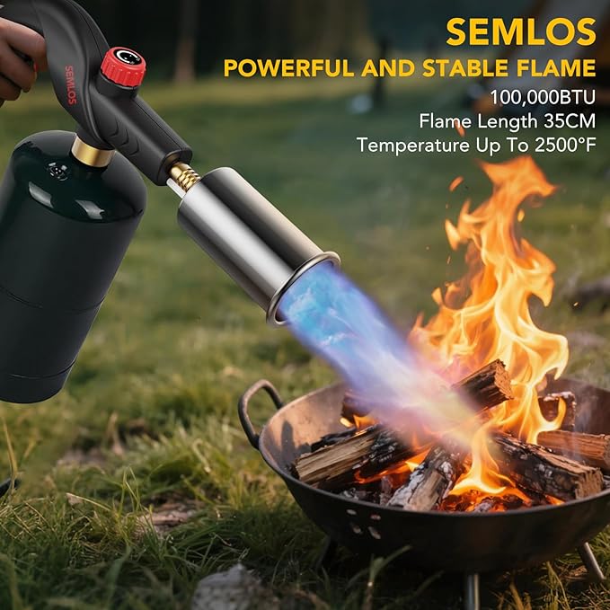 Semlos Propane Torch, Premium Metal Large Torch, Refillable Blow Torch Lighter with Adjustable & Wind Resistant Flame for Cooking, BBQ, Welding, DIY & Soldering (Propane Gas Not Included)