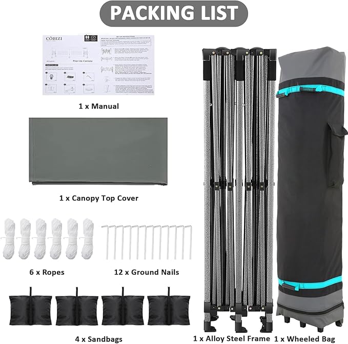 COBIZI 10x20 Pop Up Canopy Without Sidewall,Heavy Duty Canopy UPF 50+ All Season Wind Waterproof Commercial Outdoor Wedding Party Tents for Parties Gazebo with Roller Bag(10 x 20 ft Gray)