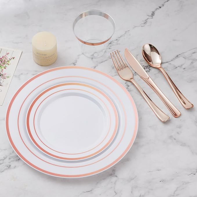 300PCS Plastic Dinnerware Set (50 Guests), Rose Gold Disposable Plates for Party, Wedding, Christmas, Anniversary, Includes: Dinner Plates, Dessert Plates, Cups, Spoons, Forks and Knives