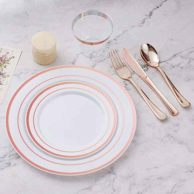 600PCS Plastic Dinnerware Set (100 Guests), Rose Gold Disposable Plates for Party, Wedding, Christmas, Anniversary, Includes: Dinner Plates, Dessert Plates, Cups, Spoons, Forks and Knives