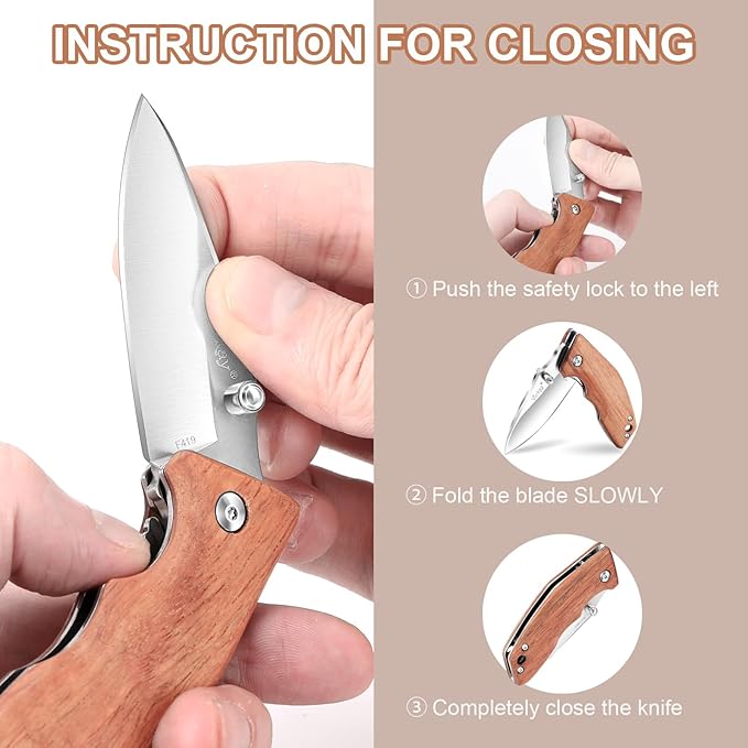 Vickay Pocket Knife, Folding Knife, 2.75" 8Cr13MoV Steel Blade, Wood Handle EDC Knife for Men & Women, Outdoor Camping, Tactical, Hunting, Hiking, Survival - Father’s Day Gift