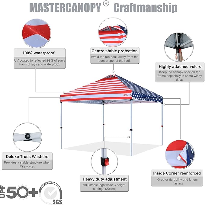 MASTERCANOPY Durable Pop-up Canopy Tent with Roller Bag (10x10, American Flag)