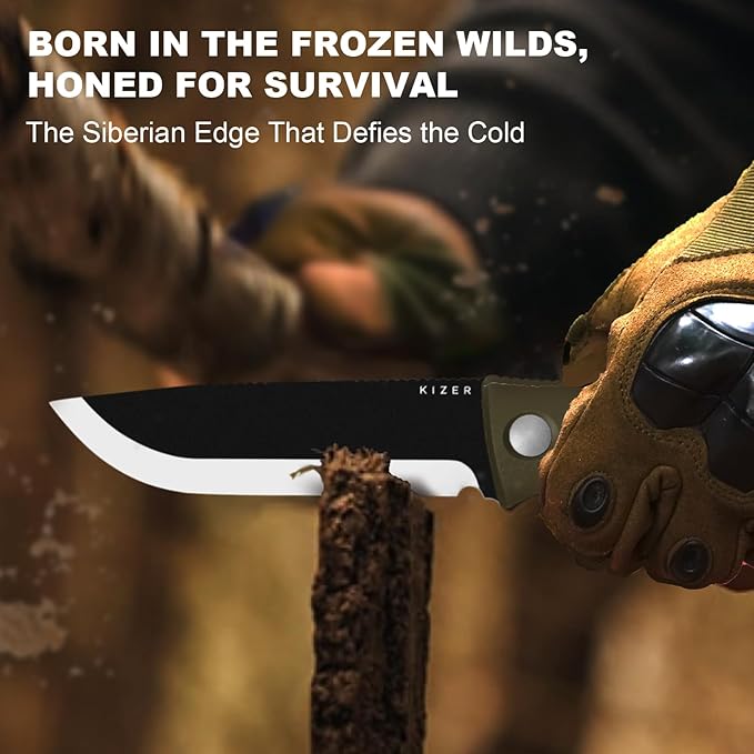 Kizer Polaris Fixed Blade Knife, 4.23" 1095 High Carbon Steel Blade Camping Knife with Green G10 Handle, Outdoor Survival Hunting Bushcraft Knives with Adjustable Sheath & Sharpener, 1100A2