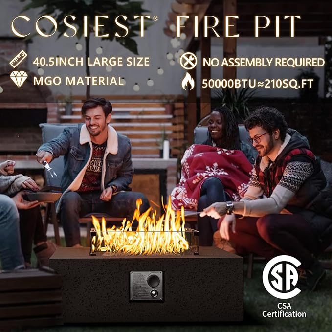 COSIEST Outdoor Propane Fire Pit Coffee Table w Square Faux Stone 35-inch Base, CSA Certified, 50,000 BTU Stainless Steel Burner, Free Lava Rocks and Rain Cover, Wind Guard, Brown