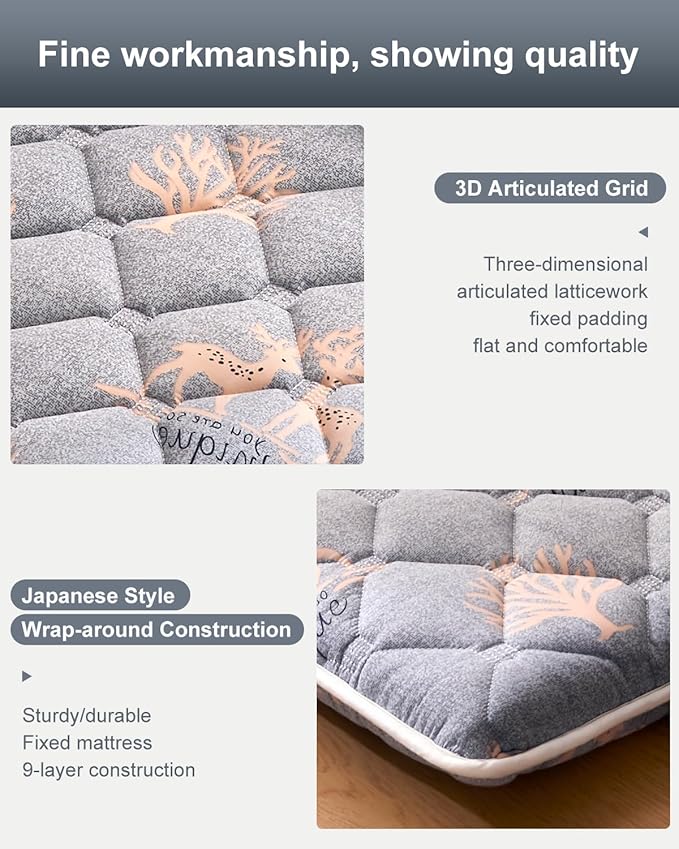 6th Generation Japanese Floor Futon Mattress - Extra-Thick 9-Layer Modern Futon with 100% High-Density Foam, Portable Floor Mattress Sleeping Pad for Adults, Guest Room, Dormitory, Full Size(54"X80")
