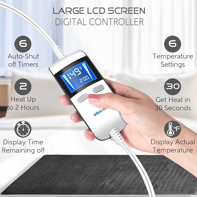 Boncare® LCD Digital Control 12” x 24” Heating Pad for Back Pain Relief and Cramps with Auto Shut off Large Size 6 Temperature Settings 6 Timers Super Soft Velvet Moist / Dry Hot Heat Pad (Dark Gray)