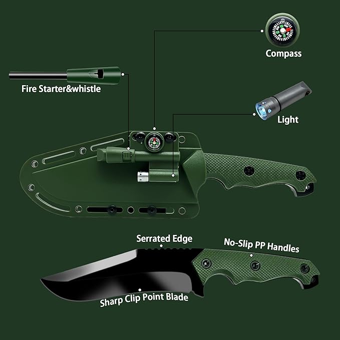 Fixed Blade Survival Knife with K Sheath – 5Cr13MoV Steel Tactical Outdoor Tool with Fire Starter, Compass, Whistle & LED – 10.8" Full Tang Bushcraft Knife for Camping, Hunting, EDC
