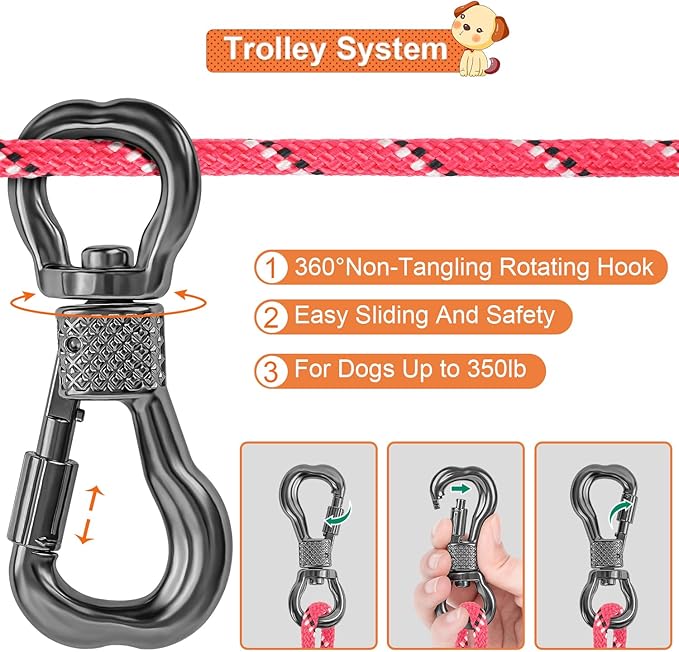 XiaZ Dog Tie Out Cable for Camping, 50ft Portable Overhead Trolley System for Dogs up to 200lbs,Dog Lead for Yard, Camping, Parks, Outdoor Events,5 min Set-up