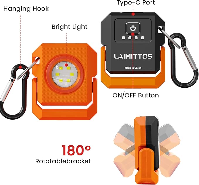 2 Pcs Mini Rechargeable LED Work Light, 550 Lumens Magnetic Flashlight Keychain Lights with Rotatable & Magnet Base Portable Mechanic Light for Car Repairing Outdoors Camping, Orange