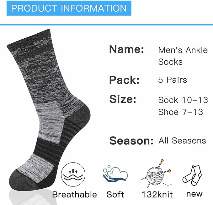 COOVAN Mens Hiking Crew Socks 5 Pairs Moisture Wicking Cushioned Athletic Boot Outdoor Socks