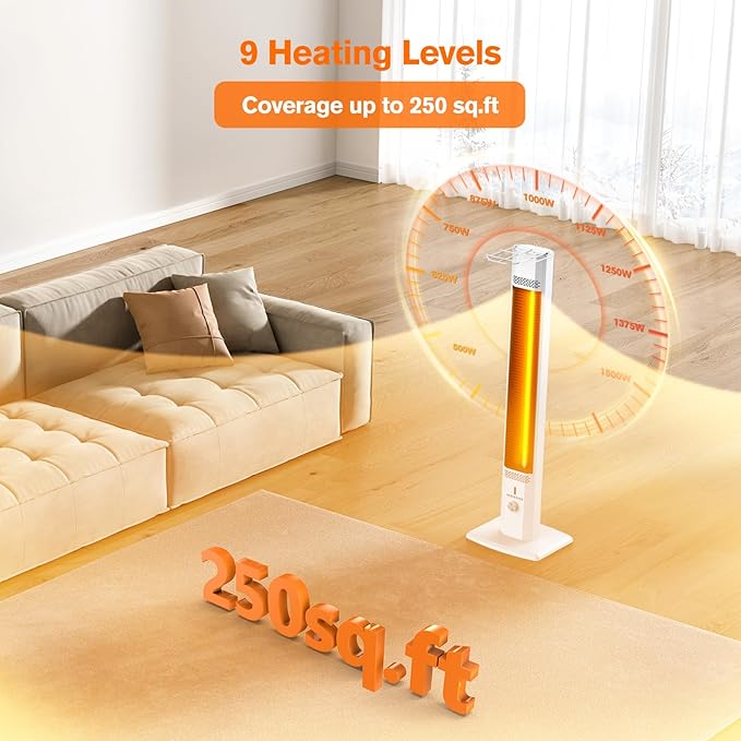 FLOWBREEZE Outdoor Patio Heater, 42in Infrared Heater with Remote, 9 Heat Levels, 9H Timers, Safety Lock, Tip-Over & Overheat Protection, IP65 Waterproof, Portable Electric Heater for Outdoor Use