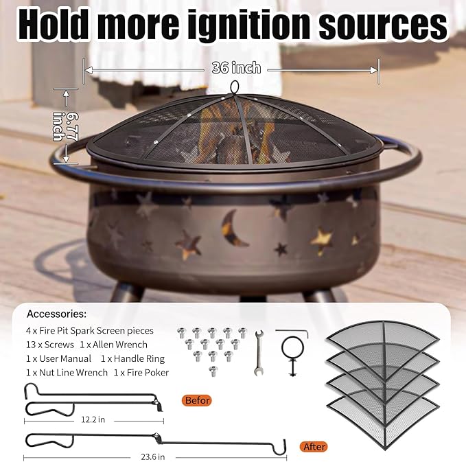 Fire Pit Spark Screen, 36Inch Fire Pit Lid Outdoor with Handle & Poker, Heavy-Duty Mesh Firepit Cove with 12 Reinforced Bars for Backyard/Beach/RV Camping