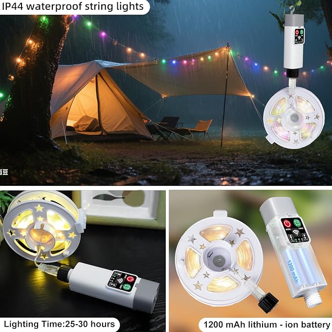 Moobibear Camping String Lights, Quick Storage, 33FT/100LED RGB Rechargeable Tent Lights String with USB 8 Lighting Modes, Hanging Waterproof Portable LED Lamp for for Camping Essentials, Yard, Party