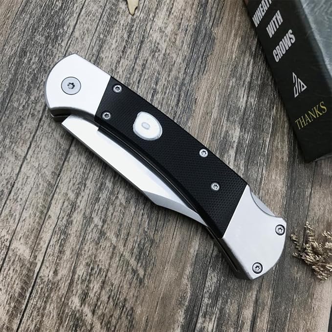 push button assisted opening Folding Knife,440C Stainless Steel Blade, Backlock G10 Handle with Leather Sheath, EDC Pocket Knives for Men (Black)