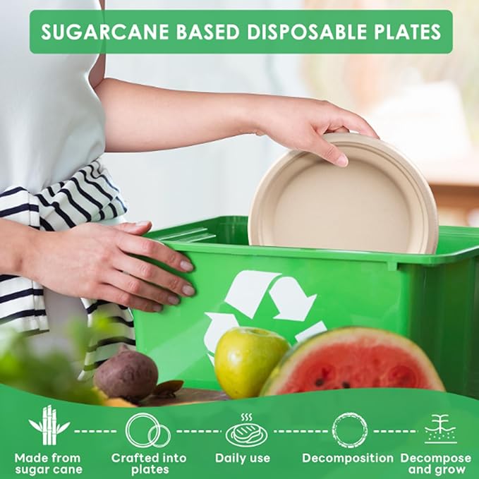 Gezond 250PCS Disposable Paper Plates and Bowls Set with Long Utensils, Compostable Plates Eco-Friendly Dinnerware Set Includes Biodegradable Plate, Bowls, Forks, Knives Spoons for Party Camping