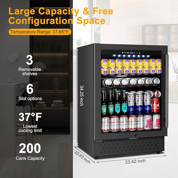 Beverage Refrigerator 24 Inch 200 Can Drink Fridge with Glass Door, Under Counter/Freestanding Beverage Cooler with Temperature Control, Reversible Door, Quick Cooling for Beer Soda Wine, Black