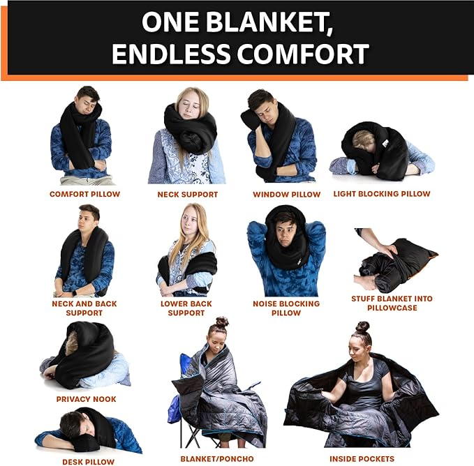 Ripstop Outdoor Camping Pillow and Blanket 3-in-1 - Versatile Lightweight Nylon Waterproof Stadium Blanket, Ultralight Backpacking Essentials, Travel Set - Black and Orange