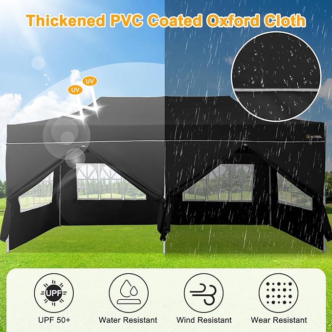 HOTEEL 10x20 Heavy Duty Pop Up Canopy Tent with Sidewalls, Commercial Outdoor Canopy Tents for Parties Event Wedding with Roller Bag, Waterproof & UV 50+, Upgraded Thickened Hexagonal Legs, Black