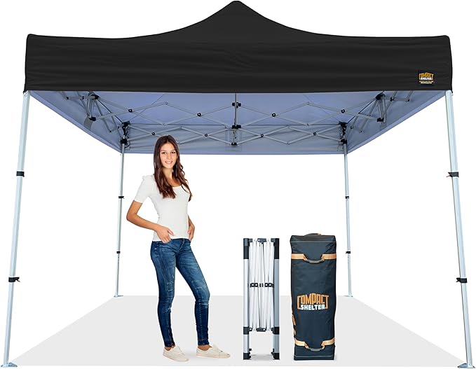 10x10 Heavy Duty Pop Up Canopy - EZ Up, Commercial Grade Aluminum Frame, 42โ Folded Frame Height, UPF 50+, Adjustable Portable Tent for Beach, Events, Camping, Roller Bag (Black)