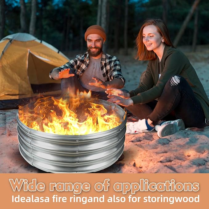 32 Inches Diameter Camp Fire Ring Pit, Large Round Galvanized Steel Fire Pit, Heavy Duty Steel Fire Pit Silver for Backyard, Camping, Bonfire (2.67x2.67x1FT)