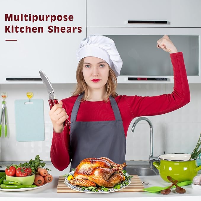 Kitchen Shears Kitchen Scissors for Food - Heavy Duty Stainless Steel Poultry Shears for Chicken, Bone, Meat, Turkey, Fish,Multi Purpose Scissor for Cutting Cooking, Dishwasher Safe (Red)