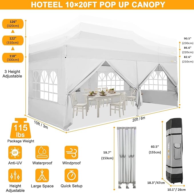 HOTEEL 10x20 Heavy Duty Pop Up Canopy Tent with Sidewalls, Commercial Outdoor Canopy Tents for Parties Event Wedding with Roller Bag, Waterproof & UV 50+, Upgraded Thickened Hexagonal Legs, White