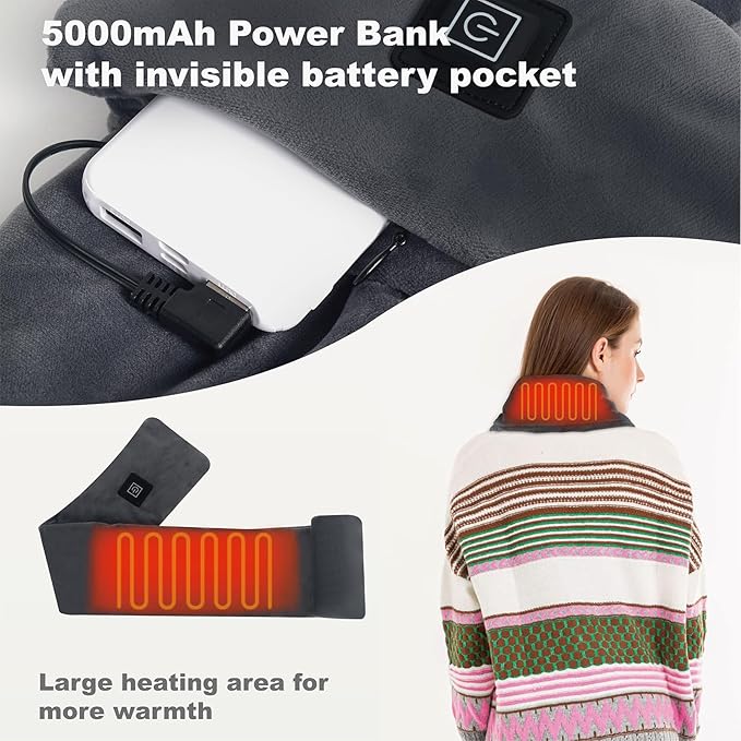 Heated Neck Wrap with 5000 mAh Power Bank, Cordless Heating Pad with Adjustable 3 Heat Settings, Soft Neck Warmer for Pain Relief, Muscle Relaxation, Portable Heated Neck Scarf