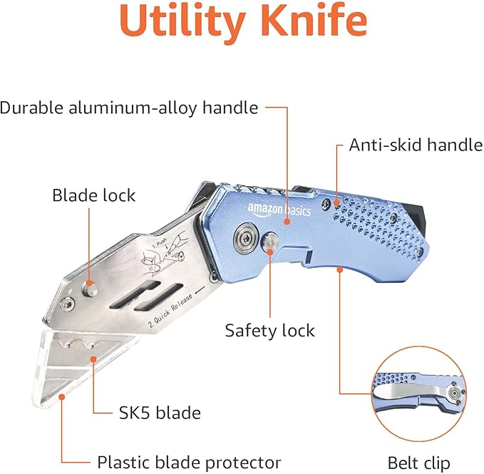 Amazon Basics Folding Utility Knife, Lightweight Aluminum Body with Holster, Light Blue