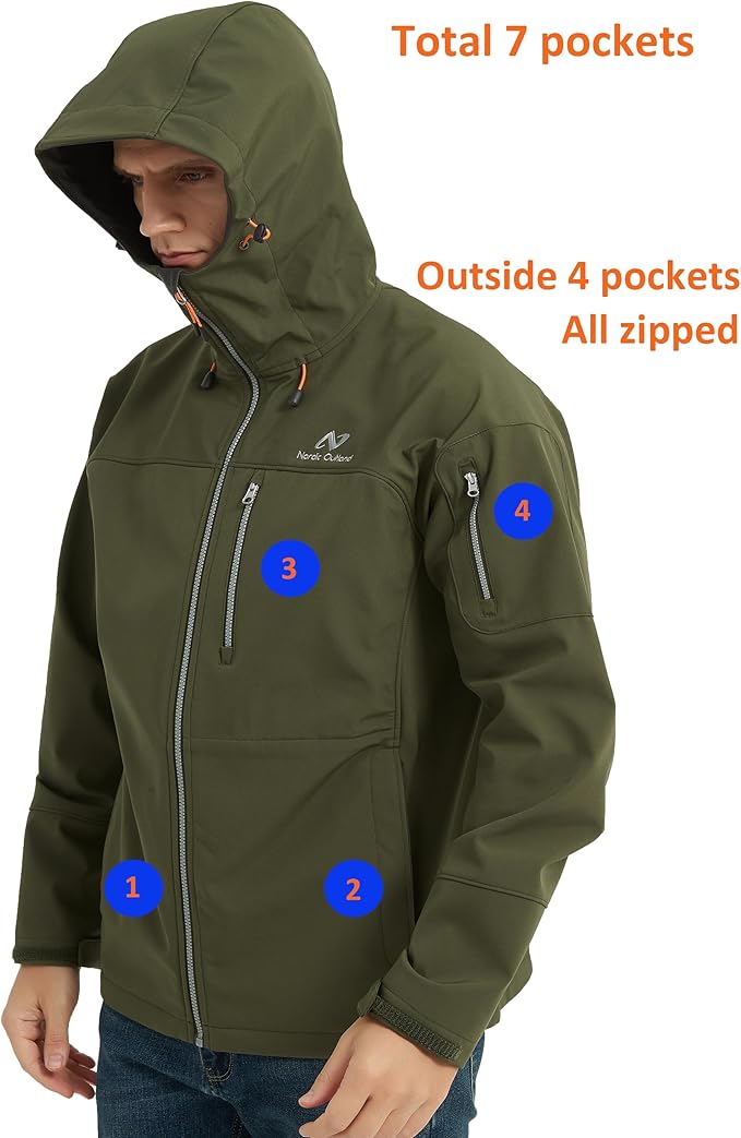 Men's Waterproof Softshell Rain Jacket, Hooded Windbreaker 7 Pockets, Lightweight Shell for Outdoor Activities