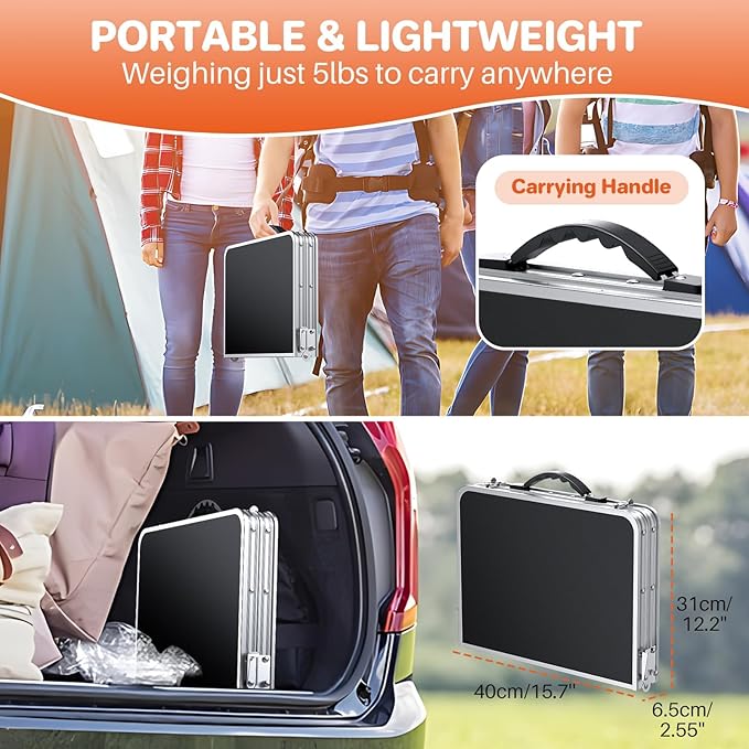 FUNYKICH 2ft Small Folding Camping Table(58x40cm), 3 Height Adjustable Portable Picnic Table, Lightweight Aluminum Outdoor Tables with Carry Handle for Camping, Picnic, Beach, Party, Silver