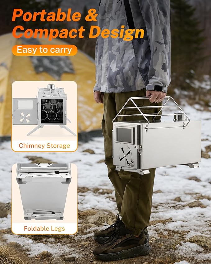 Gonex Portable Wood Stove Stainless Steel Wood Burning Hot Tent Camping Stove with Chimney Pipes & Gloves for Outdoor, Tent, Shelter, Heating, Cooking (15"X7.7")