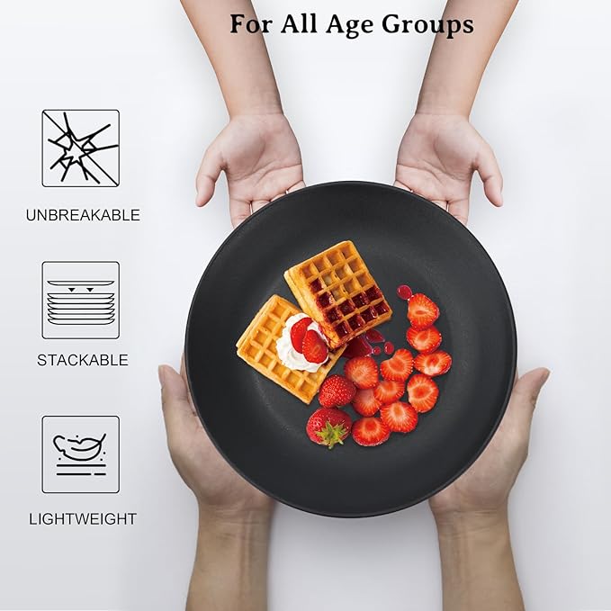 Wheat Straw Dinner Plates 9 Inch Unbreakable Set of 8 - Dishwasher & Microwave Safe Plastic Plates Reusable - Lightweight Plates for Kitchen,Camping,Apartment,Dorm,RV - Pure Black