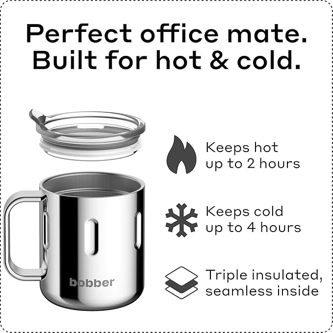 BOBBER 10 oz Triple Wall Insulated Coffee Mug with Handle, Lid & Gift Box – Stainless Steel Coffee Cup for Hot & Cold Drinks, Perfect for Home or Office Use (Glossy)