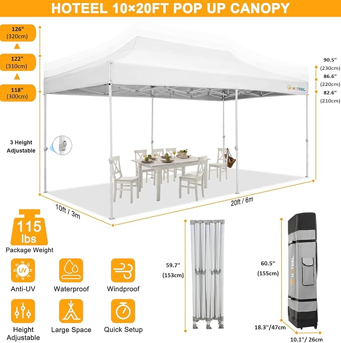 HOTEEL 10x20 Heavy Duty Pop Up Canopy Tent for Parties Event Wedding Commercial Instant Canopy with Roller Bag, Party Tent Waterproof UV 50+&Windproof, Upgraded Thick Hexagonal Legs, White