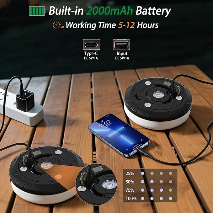 Camping String Lights, 4 in 1 Portable Camping Light Rechargeable, 8 Lighting Modes, USB Charging, Quick Storage, 32.8FT Waterproof Tent Lights String for Camping, Hiking, Yard, Christmas, Black