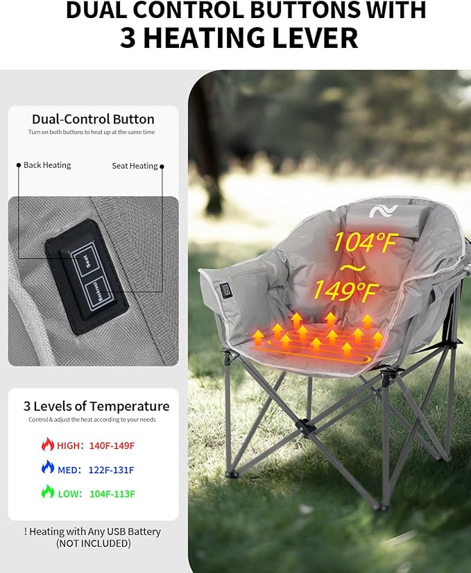 NAIZEA Heated Camping Chair, Oversized Heated Folding Outdoor Chair for Adults with 3 Heat Levels, Portable Foldable Patio Lounge Chair for Sports Outdoors Camp, Battery NOT Included