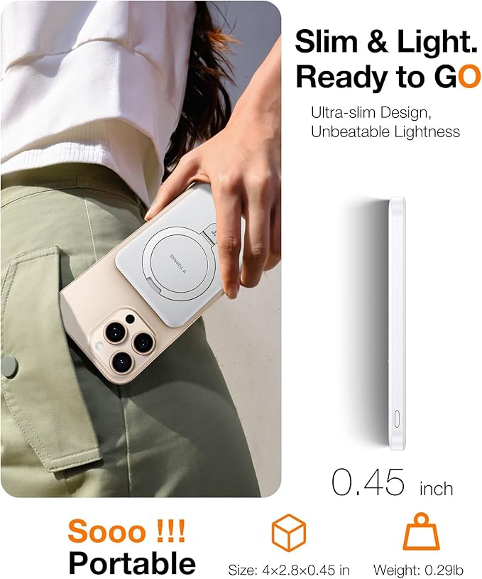 TORRAS EasyGo 0.45" Slim Magnetic Portable Charger Power Bank for iPhone, 5000mAh 22.5W PD Fast Charging Wireless Battery Pack Compatible with Magsafe, i Phone 17 Pro Max,Pro,16,15,14,13,12, White