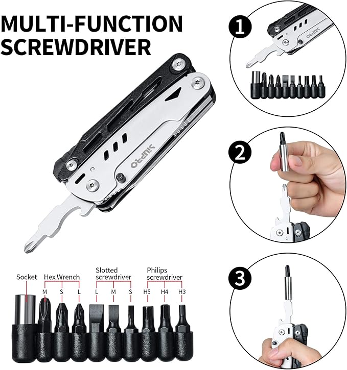 Multitool Pocket Knife for Men, Tactical Multi Tool Saw, Screwdriver kit, Flint with Nylon Pouch, Detachable Large Scissors for Camping, Hunting